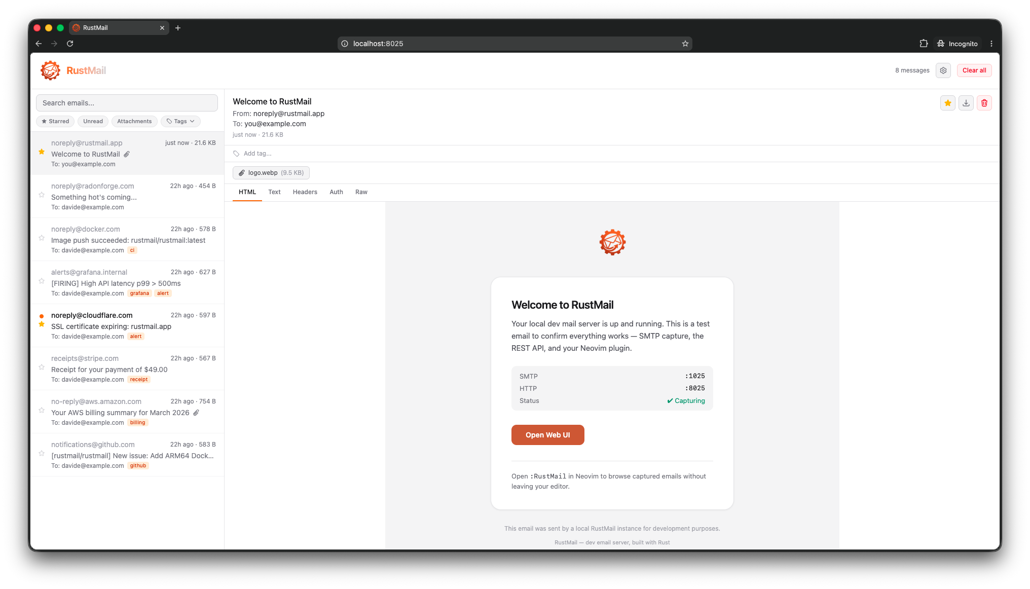 RustMail web interface in light mode showing the inbox with email details