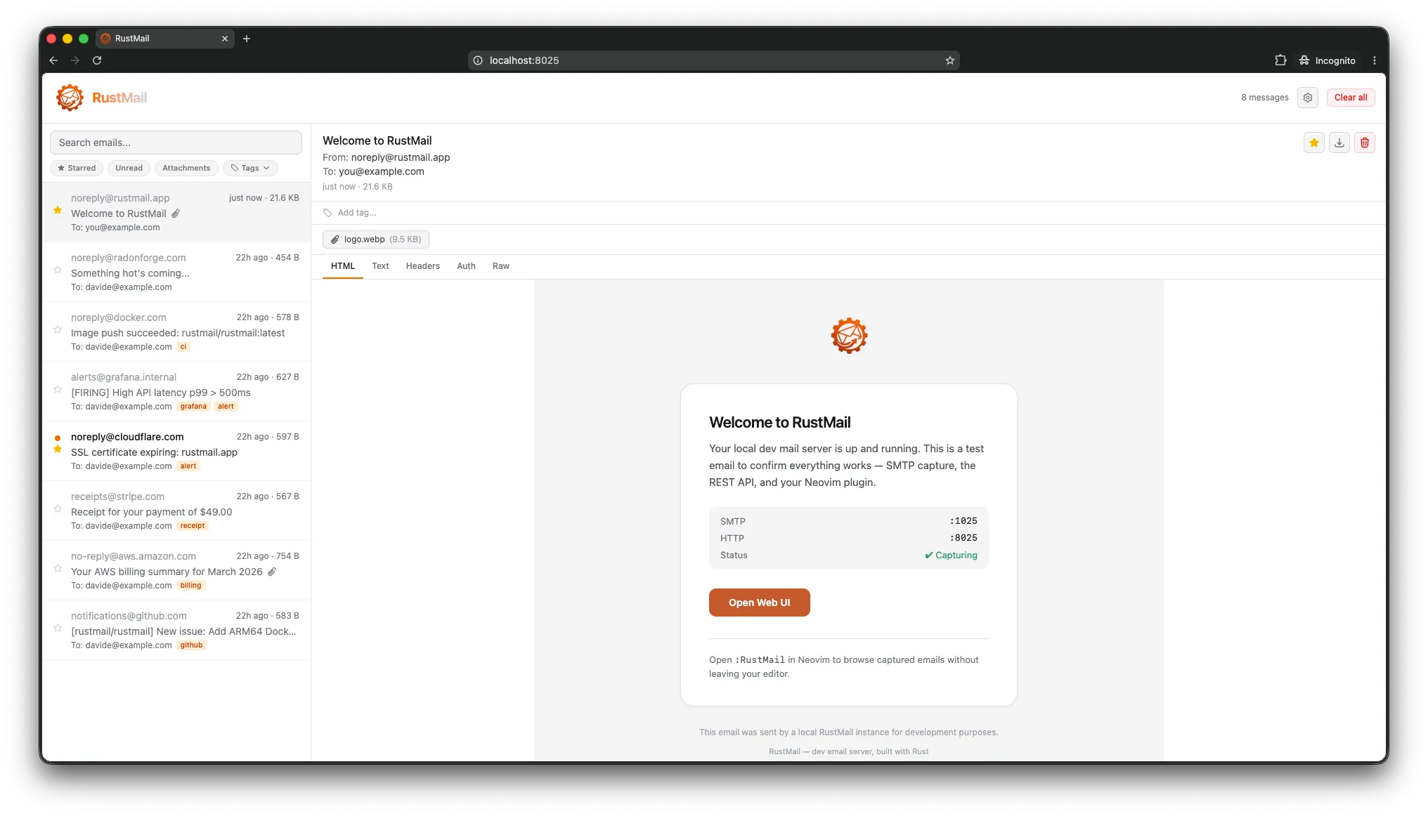 RustMail web interface in light mode showing the inbox with email details