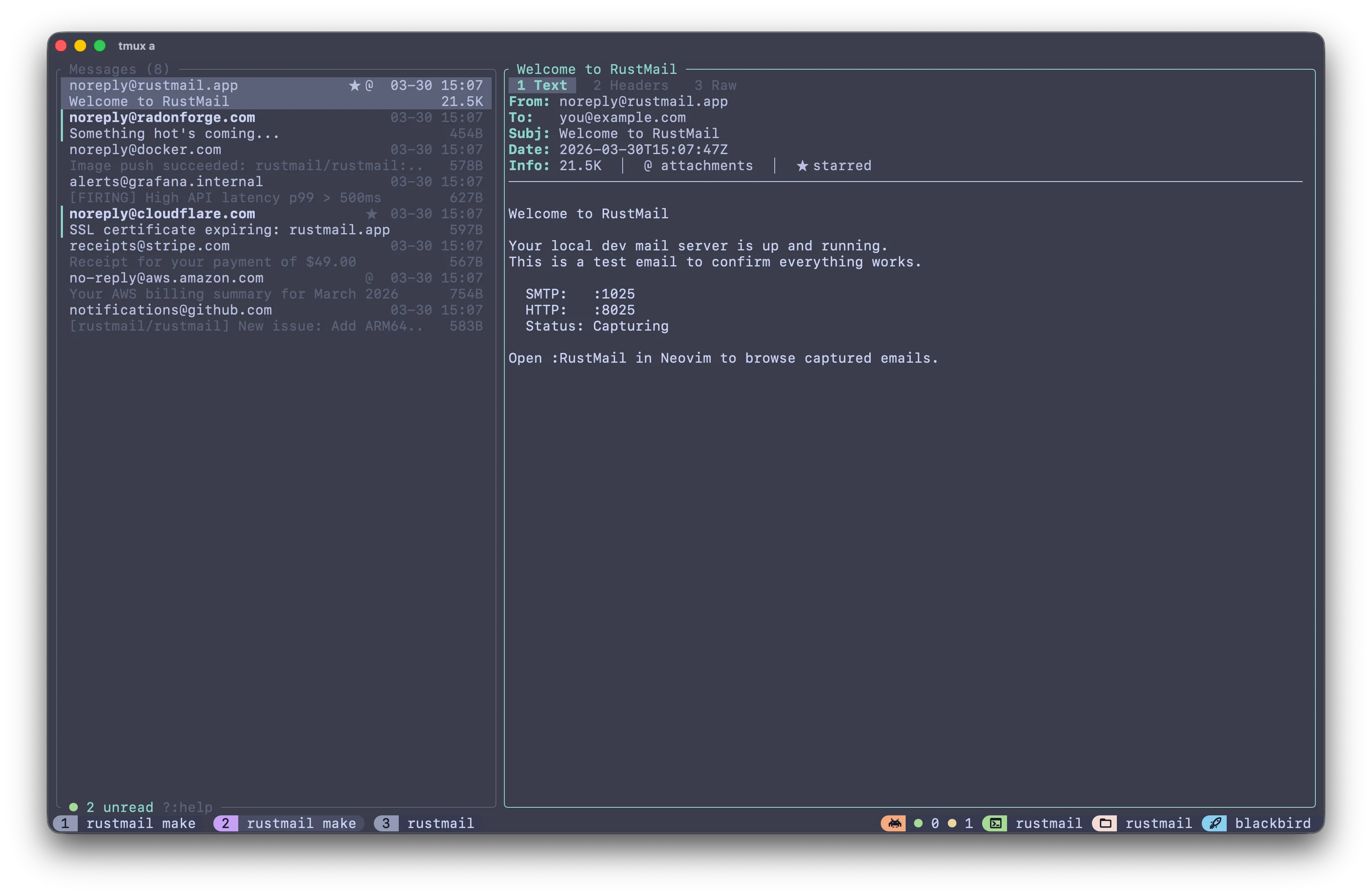 RustMail terminal UI showing the inbox with email preview