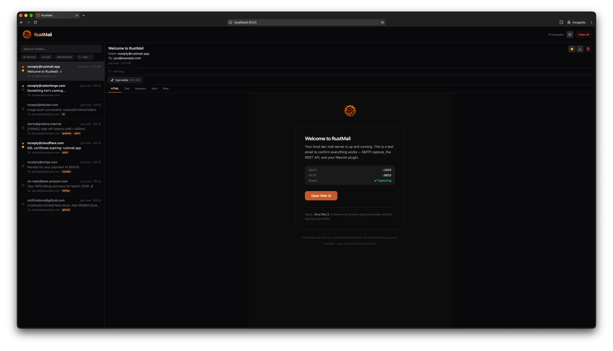 RustMail web interface in dark mode showing the inbox with email details
