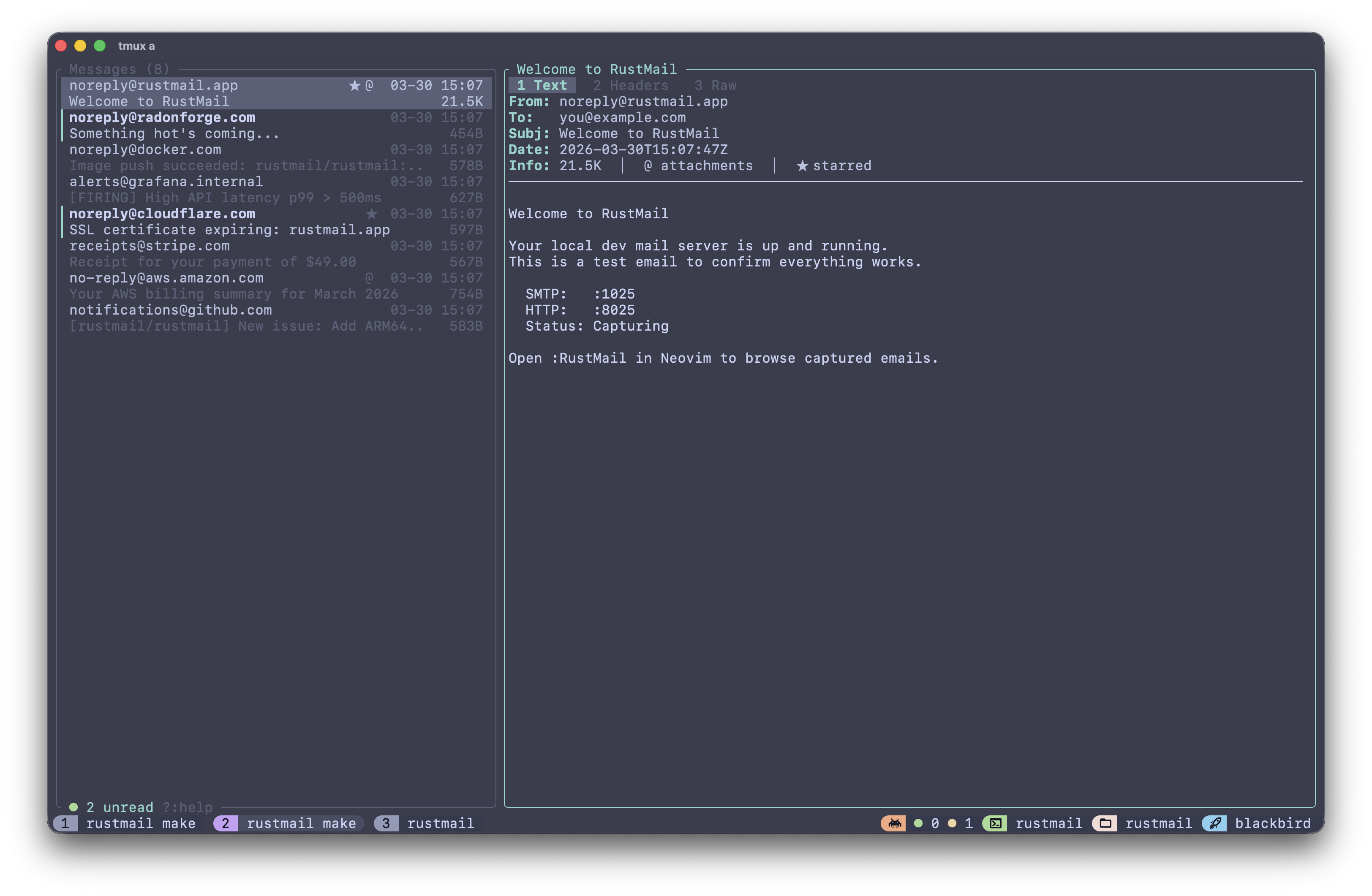 RustMail terminal UI showing the inbox with email preview