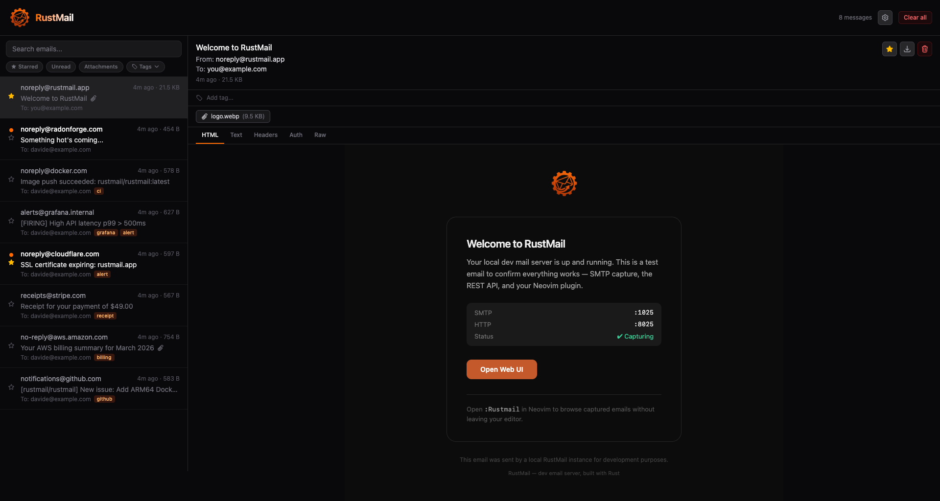 RustMail web interface showing the inbox with email details